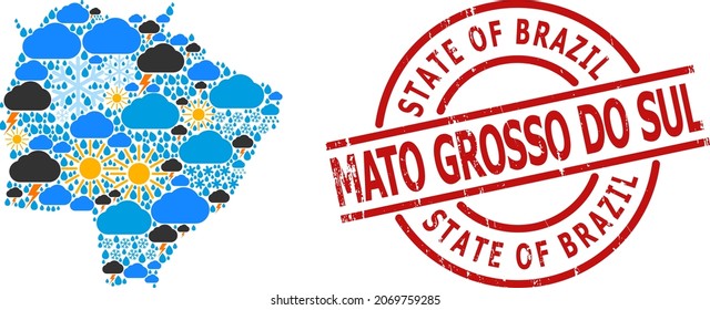 Mapa de mosaicos climáticos del estado de Mato Grosso do Sul y sello redondo rojo de goma. El mapa de mosaico vectorial geográfico del estado de Mato Grosso do Sul se crea a partir de elementos aleatorios de lluvia, nube, sol, tormenta.