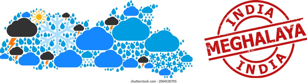 Climate mosaic map of Meghalaya State, and textured red round stamp. Geographic vector mosaic map of Meghalaya State is created with random rain, cloud, sun, thunderstorm items.