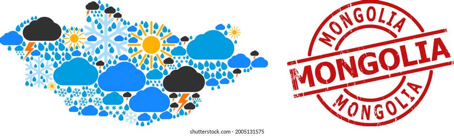 Climate mosaic map of Mongolia, and distress red round seal. Geographic vector mosaic map of Mongolia is organized with random rain, cloud, sun, thunderstorm symbols.