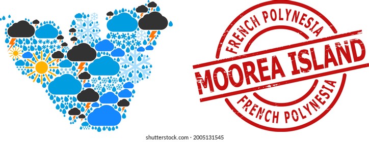 Mapa de mosaicos climáticos de la isla de Moorea, y estampado redondo rojo grueso. El mapa geográfico vectorial de mosaico de la isla de Moorea está organizado a partir de lluvia aleatoria, nube, sol, tormenta.