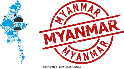 Climate mosaic map of Myanmar, and grunge red round seal. Geographic vector mosaic map of Myanmar is composed from randomized rain, cloud, sun, thunderstorm.