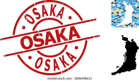 Climate mosaic map of Osaka Prefecture, and scratched red round Osaka stamp. Geographic vector mosaic map of Osaka Prefecture is created as carved shape from rounded square and randomized rain, cloud,