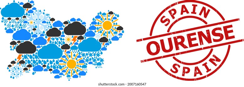Climate mosaic map of Ourense Province, and rubber red round stamp. Geographic vector composition map of Ourense Province is created with randomized rain, cloud, sun, thunderstorm icons.