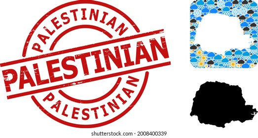 Climate mosaic map of Parana State, and distress red round Palestinian stamp. Geographic vector mosaic map of Parana State is designed as hole from rounded square and randomized rain, cloud, sun,