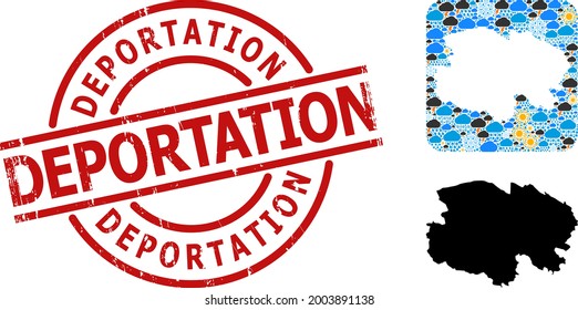 Climate mosaic map of Qinghai Province, and scratched red round Deportation stamp. Geographic vector mosaic map of Qinghai Province is constructed as hole from rounded square and random rain, cloud,