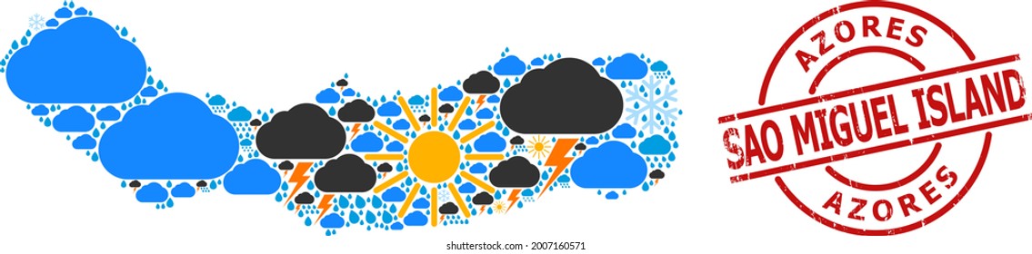 Mapa de mosaicos climáticos de la isla de Sao Miguel, y placa redonda roja gruesa. El mapa geográfico vectorial de mosaico de la isla de Sao Miguel se crea con lluvia dispersa, nube, sol, iconos de tormenta.
