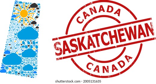 Climate mosaic map of Saskatchewan Province, and grunge red round stamp seal. Geographic vector mosaic map of Saskatchewan Province is organized with randomized rain, cloud, sun, thunderstorm.