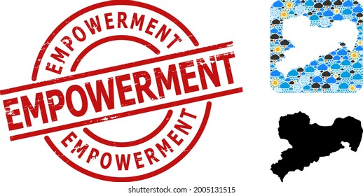 Climate mosaic map of Saxony State, and scratched red round Empowerment badge. Geographic vector mosaic map of Saxony State is organized as stencil from rounded square and scattered rain, cloud, sun,