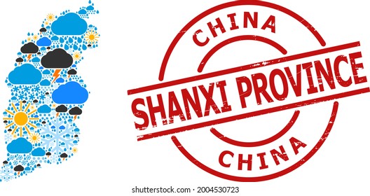 Climate mosaic map of Shanxi Province, and scratched red round badge. Geographic vector collage map of Shanxi Province is designed from random rain, cloud, sun, thunderstorm items.