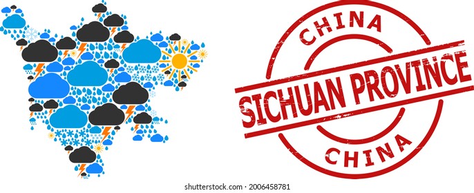 Climate mosaic map of Sichuan Province, and textured red round seal. Geographic vector mosaic map of Sichuan Province is constructed from random rain, cloud, sun, thunderstorm icons.