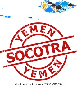 Climate mosaic map of Socotra Archipelago, and textured red round stamp. Geographic vector mosaic map of Socotra Archipelago is organized with randomized rain, cloud, sun, thunderstorm.