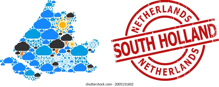 Climate mosaic map of South Holland, and grunge red round seal. Geographic vector mosaic map of South Holland is composed from randomized rain, cloud, sun, thunderstorm elements.