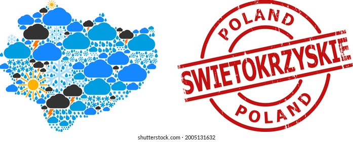 Climate mosaic map of Swietokrzyskie Province, and rubber red round stamp. Geographic vector mosaic map of Swietokrzyskie Province is created with randomized rain, cloud, sun, thunderstorm elements.