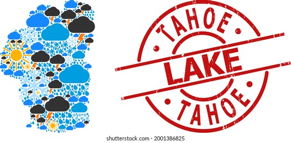 Climate mosaic map of Tahoe Lake, and textured red round seal. Geographic vector composition map of Tahoe Lake is combined with randomized rain, cloud, sun, thunderstorm icons.