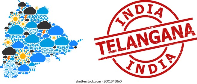 Climate mosaic map of Telangana State, and scratched red round seal. Geographic vector concept map of Telangana State is designed from randomized rain, cloud, sun, thunderstorm items.
