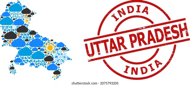 Climate mosaic map of Uttar Pradesh State, and distress red round stamp seal. Geographic vector composition map of Uttar Pradesh State is designed from scattered rain, cloud, sun,