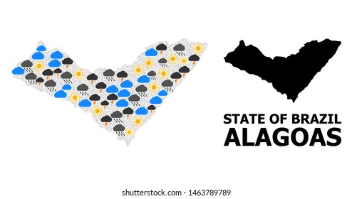 Climate mosaic vector map of Alagoas State. Geographic mosaic map of Alagoas State is combined from random rain, cloud, sun, thunderstorm elements. Vector flat illustration for climate news.