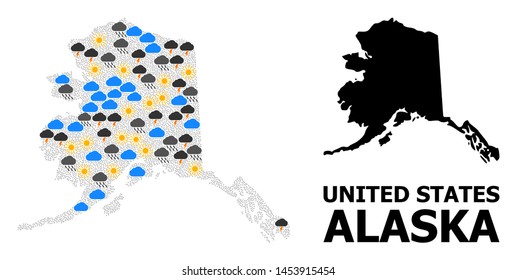 Climate mosaic vector map of Alaska State. Geographic mosaic map of Alaska State is organized from randomized rain, cloud, sun, thunderstorm. Vector flat illustration for climate predictions.