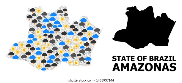 Climate mosaic vector map of Amazonas State. Geographic mosaic map of Amazonas State is composed from random rain, cloud, sun, thunderstorm icons. Vector flat illustration for climate news.