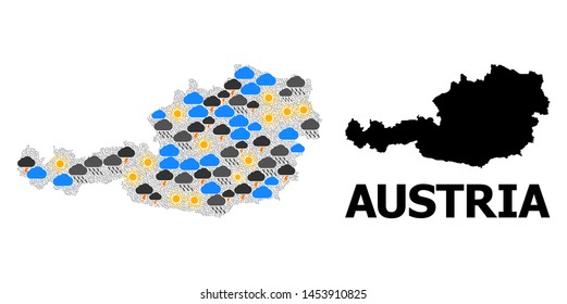 Climate mosaic vector map of Austria. Geographic mosaic map of Austria is composed with random rain, cloud, sun, thunderstorm items. Vector flat illustration for climate news.
