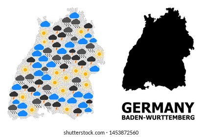 Climate mosaic vector map of Baden-Wurttemberg State. Geographic mosaic map of Baden-Wurttemberg State is constructed from scattered rain, cloud, sun, thunderstorm.