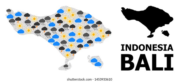 Climate mosaic vector map of Bali Island. Geographic mosaic map of Bali Island is done from scattered rain, cloud, sun, thunderstorm. Vector flat illustration for climate news.