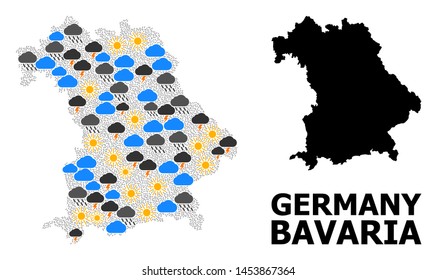 Climate mosaic vector map of Bavaria State. Geographic composition map of Bavaria State is done with scattered rain, cloud, sun, thunderstorm. Vector flat illustration for climate news.