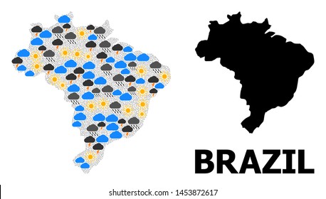 Climate mosaic vector map of Brazil. Geographic collage map of Brazil is organized from randomized rain, cloud, sun, thunderstorm items. Vector flat illustration for climate forecst.