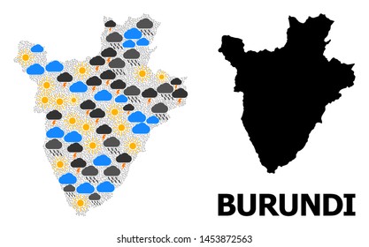 Climate mosaic vector map of Burundi. Geographic mosaic map of Burundi is composed with scattered rain, cloud, sun, thunderstorm symbols. Vector flat illustration for climate forecst.