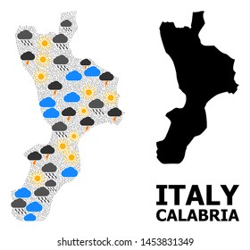Climate mosaic vector map of Calabria region. Geographic collage map of Calabria region is done with random rain, cloud, sun, thunderstorm icons. Vector flat illustration for climate predictions.