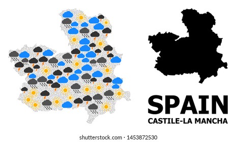 Climate mosaic vector map of Castile-La Mancha Province. Geographic mosaic map of Castile-La Mancha Province is done with random rain, cloud, sun, thunderstorm.