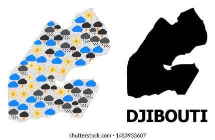 Climate mosaic vector map of Djibouti. Geographic mosaic map of Djibouti is composed with scattered rain, cloud, sun, thunderstorm icons. Vector flat illustration for climate news.