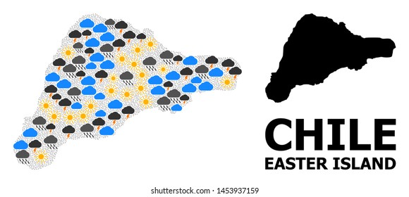 Climate mosaic vector map of Easter Island. Geographic mosaic map of Easter Island is created from scattered rain, cloud, sun, thunderstorm. Vector flat illustration for climate forecst.