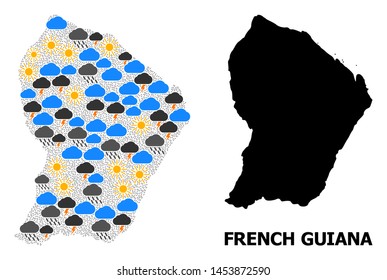 Climate mosaic vector map of French Guiana. Geographic composition map of French Guiana is organized from randomized rain, cloud, sun, thunderstorm elements. Vector flat illustration for climate news.