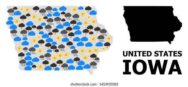 Climate mosaic vector map of Iowa State. Geographic mosaic map of Iowa State is created with scattered rain, cloud, sun, thunderstorm. Vector flat illustration for climate news.