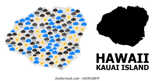 Climate mosaic vector map of Kauai Island. Geographic mosaic map of Kauai Island is created from scattered rain, cloud, sun, thunderstorm items. Vector flat illustration for climate forecst.