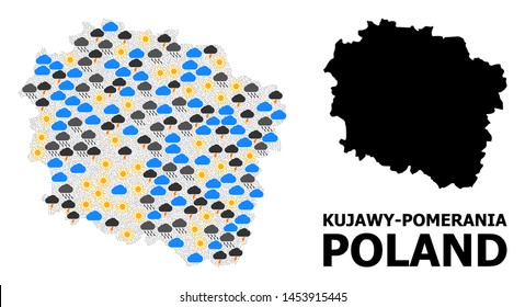 Climate mosaic vector map of Kujawy-Pomerania Province. Geographic mosaic map of Kujawy-Pomerania Province is composed with scattered rain, cloud, sun, thunderstorm icons.