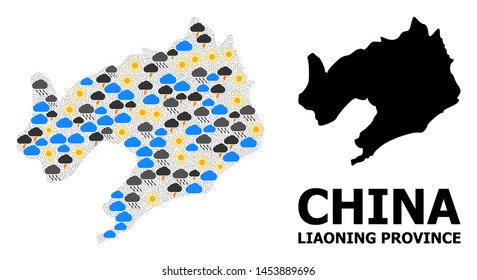 Climate mosaic vector map of Liaoning Province. Geographic mosaic map of Liaoning Province is constructed from scattered rain, cloud, sun, thunderstorm elements.