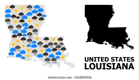 Climate mosaic vector map of Louisiana State. Geographic concept map of Louisiana State is constructed from scattered rain, cloud, sun, thunderstorm items. Vector flat illustration for climate news.