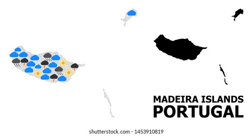 Climate mosaic vector map of Madeira Islands. Geographic mosaic map of Madeira Islands is organized with scattered rain, cloud, sun, thunderstorm icons. Vector flat illustration for weather forecst.