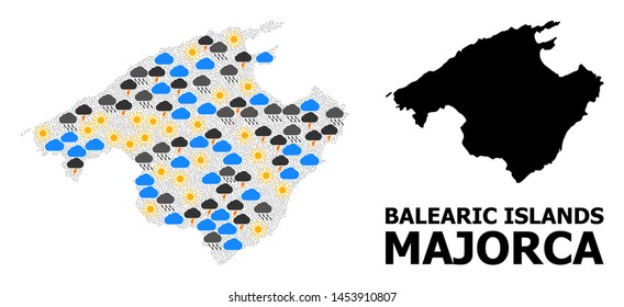 Climate mosaic vector map of Majorca. Geographic mosaic map of Majorca is combined with randomized rain, cloud, sun, thunderstorm elements. Vector flat illustration for climate news.