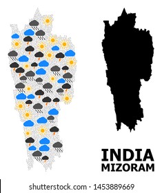 Climate mosaic vector map of Mizoram State. Geographic composition map of Mizoram State is composed with random rain, cloud, sun, thunderstorm elements. Vector flat illustration for climate forecst.