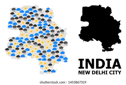 Climate mosaic vector map of New Delhi City. Geographic mosaic map of New Delhi City is organized from random rain, cloud, sun, thunderstorm items. Vector flat illustration for climate news.