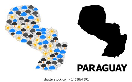 Climate mosaic vector map of Paraguay. Geographic mosaic map of Paraguay is composed with scattered rain, cloud, sun, thunderstorm elements. Vector flat illustration for climate predictions.