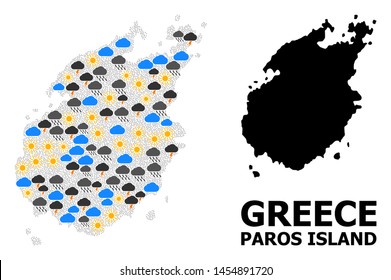 Climate mosaic vector map of Paros Island. Geographic mosaic map of Paros Island is composed from random rain, cloud, sun, thunderstorm elements. Vector flat illustration for meteorology forecst.