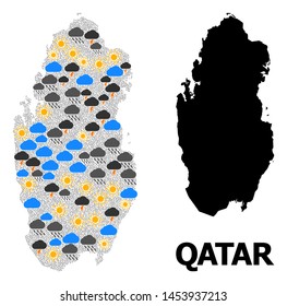 Climate mosaic vector map of Qatar. Geographic mosaic map of Qatar is combined from scattered rain, cloud, sun, thunderstorm icons. Vector flat illustration for climate news.