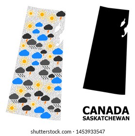 Climate mosaic vector map of Saskatchewan Province. Geographic mosaic map of Saskatchewan Province is combined with random rain, cloud, sun, thunderstorm elements.