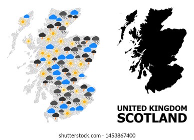 Climate mosaic vector map of Scotland. Geographic mosaic map of Scotland is organized from random rain, cloud, sun, thunderstorm. Vector flat illustration for climate news.