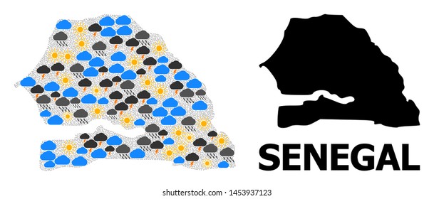 Climate mosaic vector map of Senegal. Geographic mosaic map of Senegal is done from random rain, cloud, sun, thunderstorm icons. Vector flat illustration for climate news.