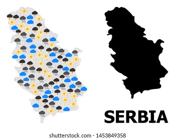 Climate mosaic vector map of Serbia. Geographic mosaic map of Serbia is composed with randomized rain, cloud, sun, thunderstorm items. Vector flat illustration for weather forecst.